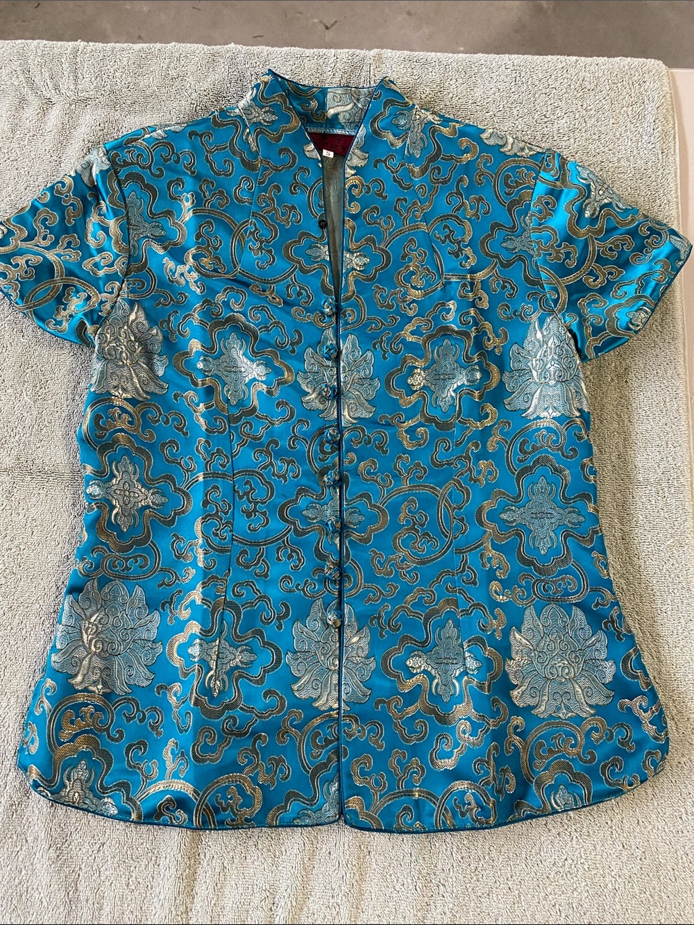 Vintage Tangy Blue Gold Silk Brocade Cheongsam Top Mandarin Collar Size S